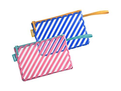 Preisvergleich Produktbild LARGERED Kulturtasche Transparent, 2 Stück Flugzeugtaschen für Damen, Herren und Kinder, Gestreifte Bedruckte PVC-Kosmetiktasche mit Handstreifen für Sommerreisen, Strand und Schwimmbad Pink-Blau
