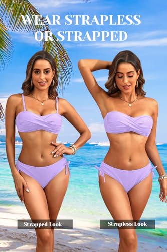 Image of Women's Strapless Bandeau Bikini Set - Twist Front Two Piece Swimsuit Top with Side Tie Bathing Suit Bottom