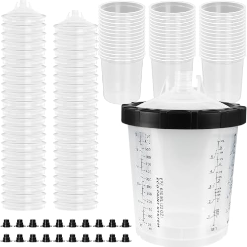 Image of Paint Spray Gun Disposable Cups System, 650ml (22oz) Automotive Paint Mixing Kit with 45 Lids & Liners, 125 Micron Filter, Hard Cup, Plugs for HVLP & LVLP Automotive Spray Guns