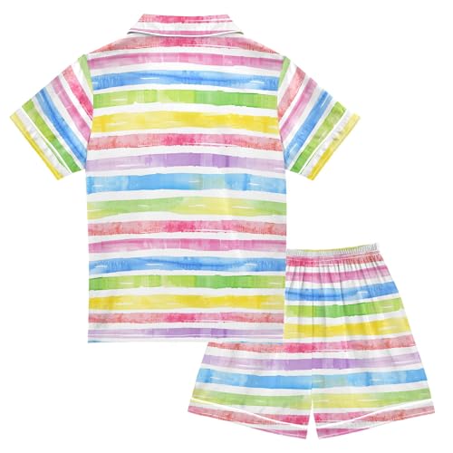 Rainbow Stripes Summer Satin Pajama Set, Cute Button-Down Sleepwear Pj Set for Sleep Wears2