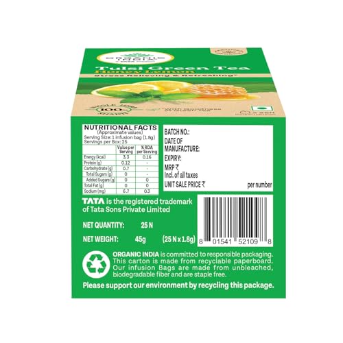 Image of ORGANIC INDIA Tulsi Green Tea Honey Lemon - 25 Tea Bags, Refreshing Blend with Tulsi, Green Tea, Lemon & Honey Flavors, Naturally Sourced Ingredients, Staple-Free Bags Certified Organic