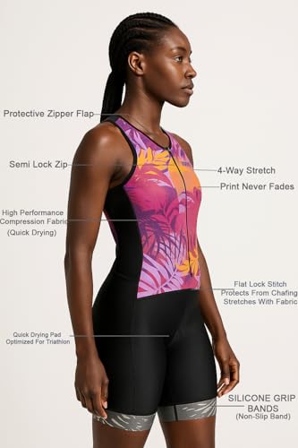 WIXEN Women's Triathlon Suit Sleeveless Tri Suit Padded Cycle Race Swim Bike Run Trisuit Back Pockets Multi_Leafs_2XL
