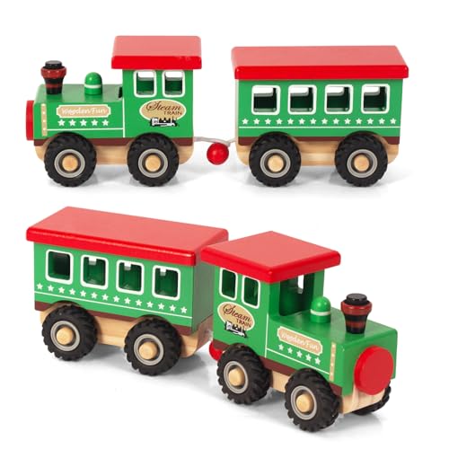 WOODENFUN Grüner Holzzug für Mädchen und Jungen hölzerner Stapelzug Dampfzug mit 2 Waggongs Weihnachts- und Geburtstagsgeschenke