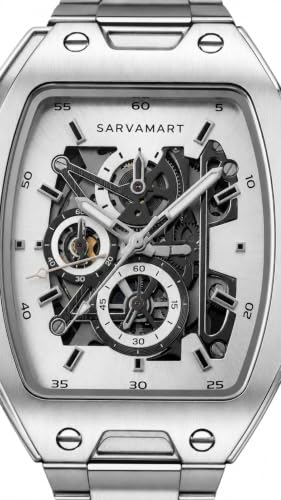 Image of Tonneau Skeleton Automatic Watch for Men - Stainless Steel Case, Mechanical Dial & Premium Black Silicon Strap
