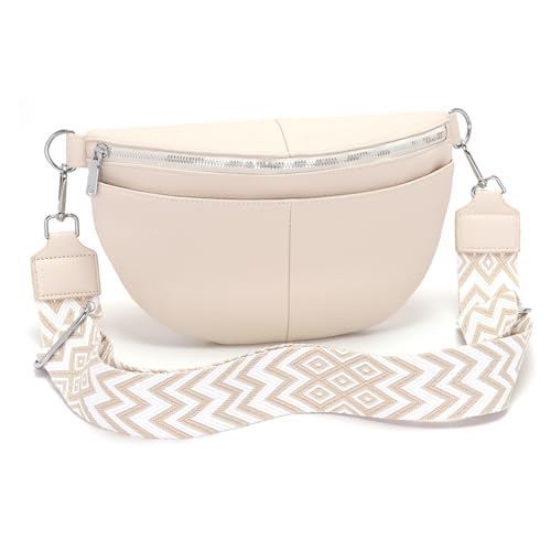 SOGYECS Bauchtasche Damen Beige 30CM Umhängetasche Damen mittelgroß Gürteltasche Crossbody Bag Damen Brusttasche Leder XL