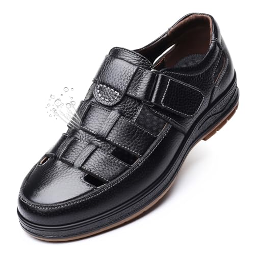 bumuam Men's Waterproof Leather Sport Sandals, Outdoor Hiking Shoes with Adjustable Straps, Closed Toe Water Sandals, Casual Lightweight Non-slip Shoes