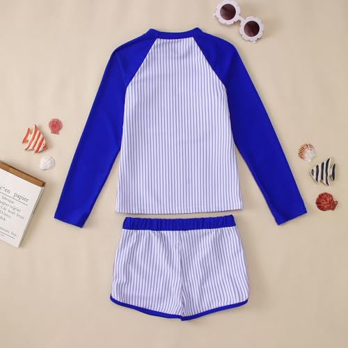 Image of Ritatte Girls Rash Guard Swimsuit 2 Pieces Stripe Bathing Suit Long Sleeve Rashguard Beach Shorts Summer Swimwear 7-12T(Dark Blue,10-11T(150))