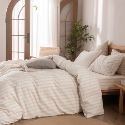 Image of BESTOUCH Striped Cotton Duvet Cover Set Linen Feel Super Queen | 100% Washed Cotton, Soft Wrinkle Texture, Hidden Zipper, 8 Ties, Breathable Lightweight Durable Comfy, 3 Pcs No Insert