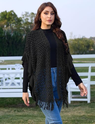 Ferand Women's Lightweight Ruffle Shawl Wraps Open Front Crochet Fringe Poncho Cardigan for Spring and Summer3