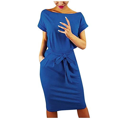 JPVDPA Women's Casual Summer Dress Evening Party Dress Round Neck Hips-Wrapped Casual Office Pencil Dress Blue