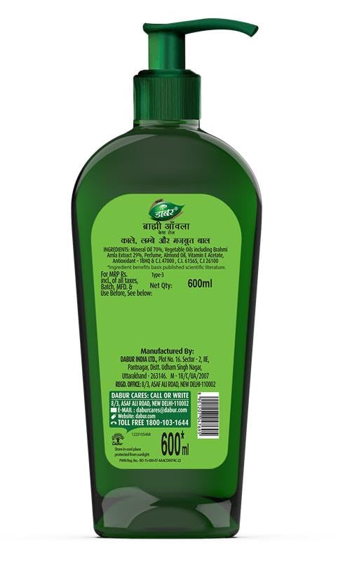 Image of Dabur Brahmi Amla Hair Oil 600ml | Brahmi Amla Extract with Almond Oil & Vitamin E | Promotes Healthy Hair Growth, Treats Dandruff and strengthens Hair | For Long, Black and Strong hair