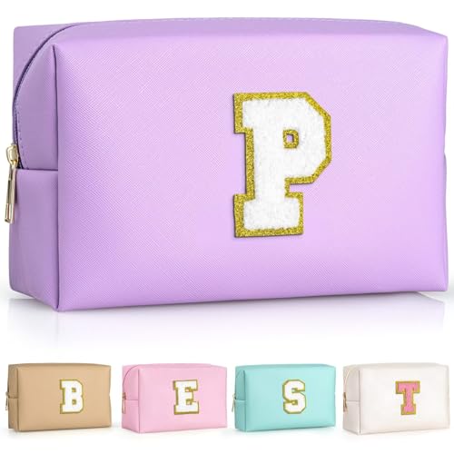 TOPEAST Personalized Makeup Bag, Chenille Letter Pouch Cosmetic Bag w Zipper, PU Leather Waterproof Toiletry Bag, Bridal Shower Gifts for Bridesmaids, Cute Stuff for Girls (Purple P)