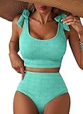 Herseas Women High Waisted Bikini Sets Seashell Textured Tie Straps Two Piece Swimsuits Tummy Control High Elasticity Soft Breathable Bathing Suits Fashionable Cruise Outfits Turquoise Medium