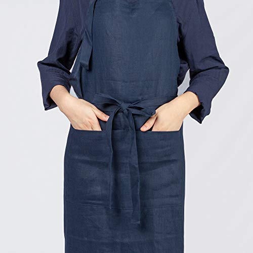 Atlinia 100% Linen Adjustable Apron With Button Kitchen Apron For Women Men Bib Apron With Pockets Navy Blue #TOP4