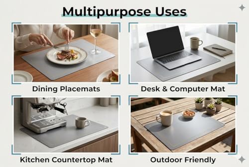 Image of Dribble Premium PU Leather Placemats Set of 6, Double Layer Waterproof Heat Resistant, Non-Slip Easy Clean Dining Table Mats for Kitchen, Dining & Office Desk, Reversible & Smooth Finish (Silver)