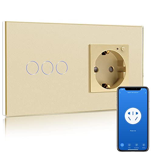 BSEED Smart Alexa Lichtschalter, WIFI Lichtschalter mit Steckdose Kompatibel mit Alexa, Google Home, Glas Touchscreen- schalter, Smart Lichtschalter 3 Fach 1 Weg Gold(Neutrale Leitung benötigt)