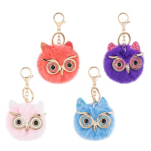 Framendino, 4 Pack Faux Animal Fur Pom Keychain 4 Color Fluffy Cute Owl Key Chain for Womens Bag Purse Cellphone Car Pendant