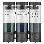 3-Chamber Wall-Mounted Shampoo and Conditioner Dispenser for Shower With Large Capacity - No-Drill Soap Dispenser for Bathroom, Hotel, Black