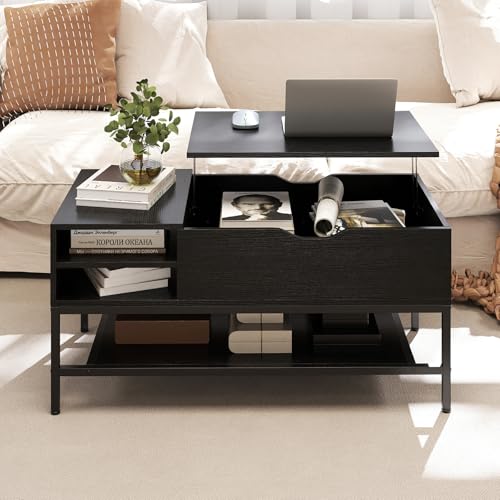 GIANTEX Mesa de Centro Elevable, Mesa de Salón con Almacenamiento Oculto, 2 Compartimentos Abiertos y Estante Inferior, Patas de Metal, 99,5x49,5x47,5cm, para Oficina, Dormitorio (Negro)