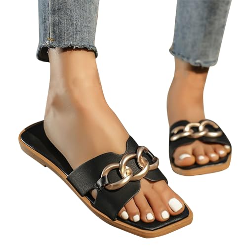 Women's Metal Loop Embellished Slipper Square Neck Slip on Sandals Rubber Sole Durable Slide Trendy Business Sandal2