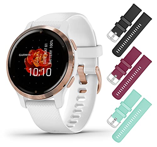 Garmin Venu 2S, Smaller-Sized GPS Sport Smartwatch with Fitness Features, Rose Gold Bezel with White Case and Silicone Band, (010-02429-03) with Wearable4U 3x Wristband Strap (Black+Berry+Teal) Bundle