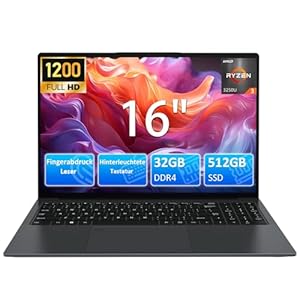 16 Zoll Laptop mit Beleuchteter Tastatur,1920×1200 FHD IPS Display,32GB RAM 512GB SSD,AMD Ryzen3 3250U,1MP Webcam,WiFi,BT,HDMI,USB,Type-C,Fingerprint,Numpad,für Business und Studenten