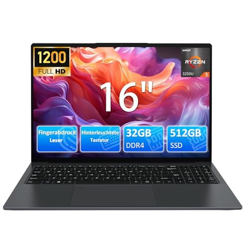 16 Zoll Laptop mit Beleuchteter Tastatur,1920×1200 FHD IPS Display,32GB RAM 512GB SSD,AMD Ryzen3 3250U,1MP Webcam,WiFi,BT,HDMI,USB,Type-C,Fingerprint,Numpad,für Business und Studenten
