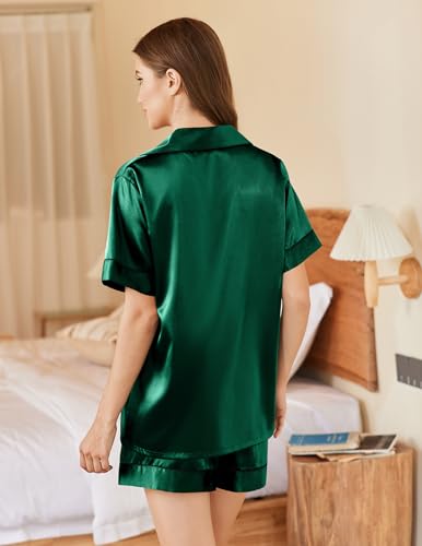 Image of Ekouaer Womens Pajamas Silk Stain Pj Sets Top and Shorts Sleepwear Short Sleeve Lounge Set Green,Small