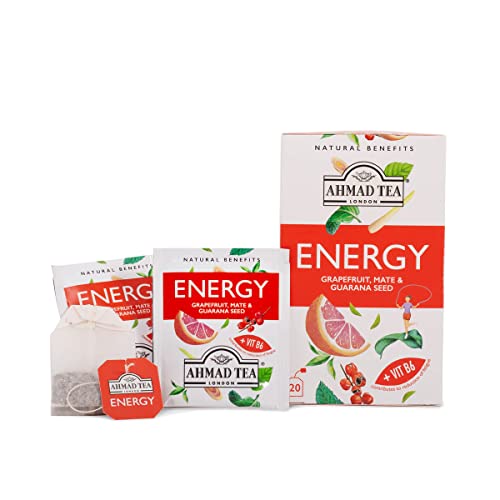 Ahmad Tea Herbal Tea, Grapefruit, Mate, Guarana Seed, & Vitamin B6 'Energy' Natural Benefits Teabags, 20 Ct (Pack Of 6) - Caffeinated & Sugar-Free #TOP5