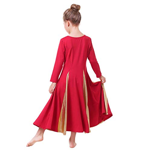 Metallic Gold Praise Dance Dresses For Girls Liturgical Lyrical Color Block Full Length Swing Gown Loose Fit Robe Ruffle Tunic Circle Skirt Long Sleeve Worship Dancewear Ballet Costume Red 11-12Y #TOP2
