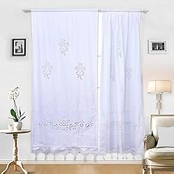 Cortinas De Algodon Blancas DOKOT Cortina de Cocina Bordada de Algodón Blanco, Cortina de café, Cortina de Comedor con Borla de Crochet Banco 70 x 150 cm (1 Panel)