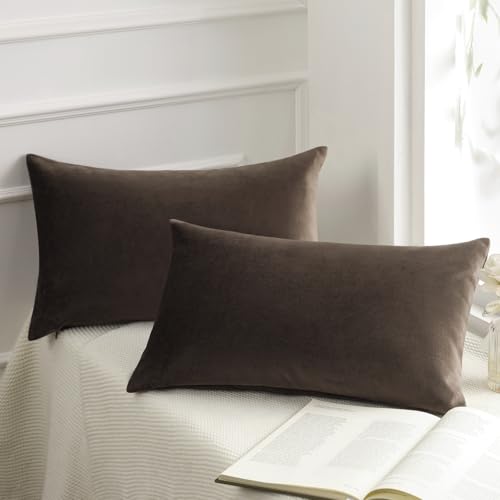 Image of Phantoscope Pack of 2 Velvet Decorative Throw Pillow Covers Soft Solid Square Cushion Case for Couch Dark Coffee 12 x 20 inches 30 x 50 cm