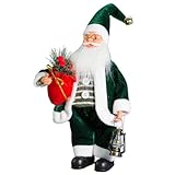 Christmas 15' Santa Figurines, Santa Claus Figure,Standing Claus Doll with Gift Bag & Lantern, Xmas Desktop Decor for New Year Holiday (Green)
