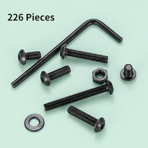 226 STK M4 Schrauben Set, Schwarze Innensechskantschrauben Muttern Set mit Unterlegscheiben Set, Gewindeschrauben mit Muttern, Linsenkopfschrauben und Muttern, Fahrrad Schrauben Set, mit Schlüssel