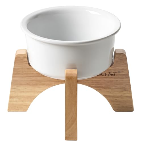 Raised Dog Bowl, 6.5 inch Elevated Dog Bowl Stand, Ceramic Dog Food Bowl with Wooden Stand, Dog Feeder for Small and Medium Breed, Set of 1, White Raised Dog Bowl, 6.5 inch Elevated Dog Bowl Stand, Ceramic Dog Food Bowl with Wooden Stand, Dog Feeder for Small and Medium Breed, Set of 1, White
