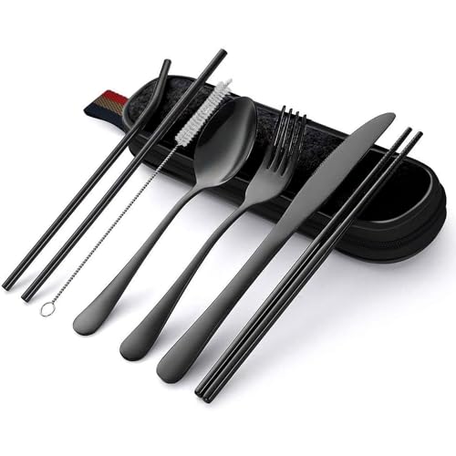 Hotype 8 Stück Bestecksets, Reise Camping-Besteck aus Edelstahl, Utensilien Set mit Tragbare Tasche, zum Reisen, Camping, Picknick, Home, Schule...