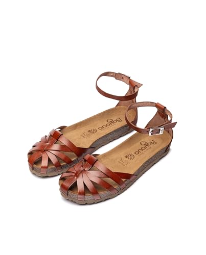 Yokono Sandalias Planas de Mujer de Piel VILLA-011 Marron | Zapatos Mujer Primavera-Verano | Piel Vacuna Vaquetilla | 2 CM
