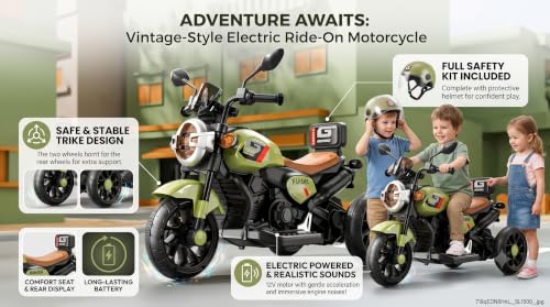 Image of Srecap Ride Xtreme Electric Bike for Kids | 6V Battery, MP3 Player, USB, Bluetooth, LED Lights & Foot Accelerator | Battery-Operated Ride-On Bike with Backrest for Boys & Girls Aged 1-4 Years (Green)