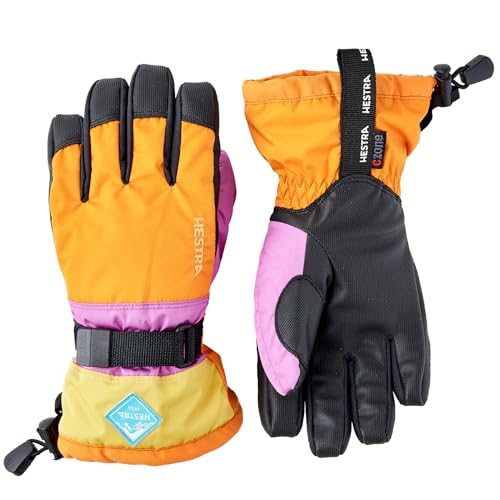 Hestra Gauntlet CZone Junior Glove (Youth 4-14yrs) | Waterproof, Insulated Kids Gloves for Winter, Skiing, Snowboarding - Orange Multi - 4
