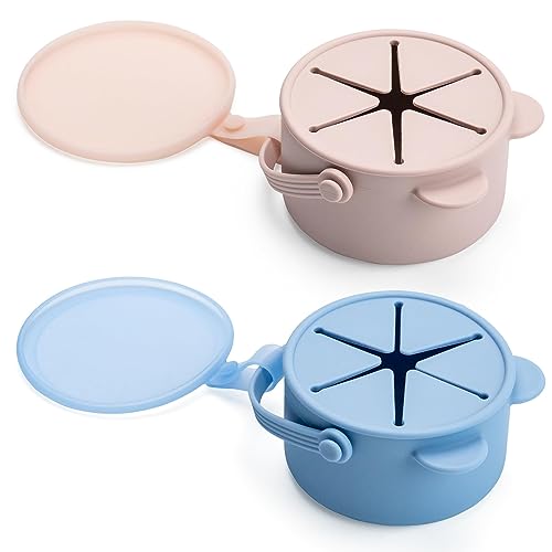 Image of Silicone No Spill Snack Cups for Toddlers – Portable Baby Snack Cup Containers with Dustproof Lid – Dishwasher-Friendly Toddler Spill Proof Cups Without BPA, Lead, or Phthalates – Blue and Pink