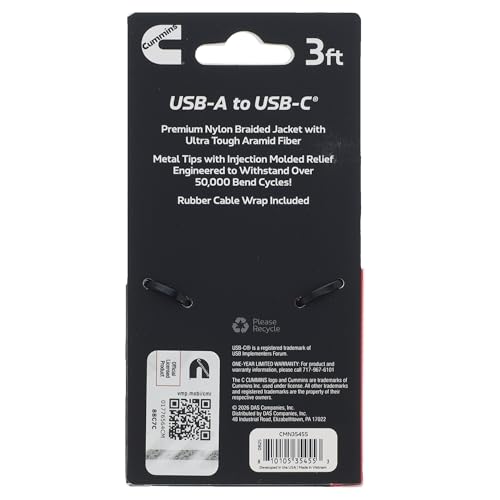Cummins 3ft USB-A to USB-C Charging Cable, Compatible with iPhone and Samsung, Premium Braided Aramid Fiber, Ultra-Durable image 4