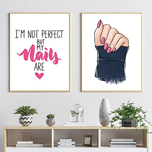 Fashion Pink Makeup Nails Canvas Wall Art Cartoon Nail Polish Posters Prints Nails Art Picture Girl Beauty Salon Prints Pop Art for Nails Salon Wall Decor Unframed