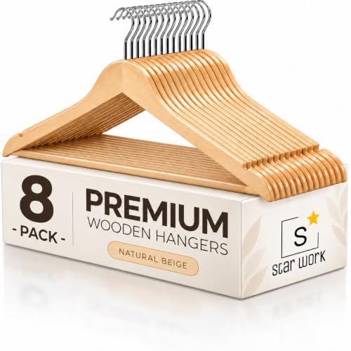 Image of STAR WORK Multi Functional Solid Wooden Suit Hangers, Coat Hangers, Natural Finish with 2 Shoulder Notches 360 Degree Swivel Hook (8)