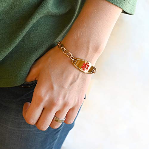 Medical Alert Bracelet for Women, Custom Engraved Medic ID, Rose Gold Tone Steel 6mm O-Link Chain, Red, Free ID Card | Made in USA - WRIST SIZE 8.5 inch