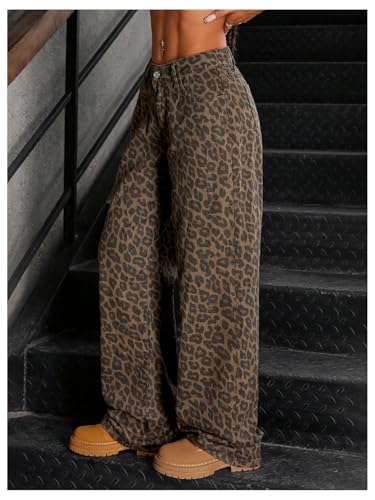 SOLY HUX Women's Leopard Jeans Cheetah Print Wide Leg Baggy Denim Pants Long Trousers Streetwear3