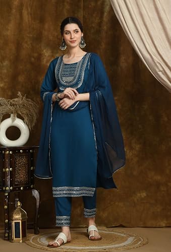 Image of Amazon Brand - Tavasya Women Rayon Straight Kurta Pant Dupatta Set | Embroidered Ethnic Suit Set | Regular Fit Kurta with Pant & Dupatta