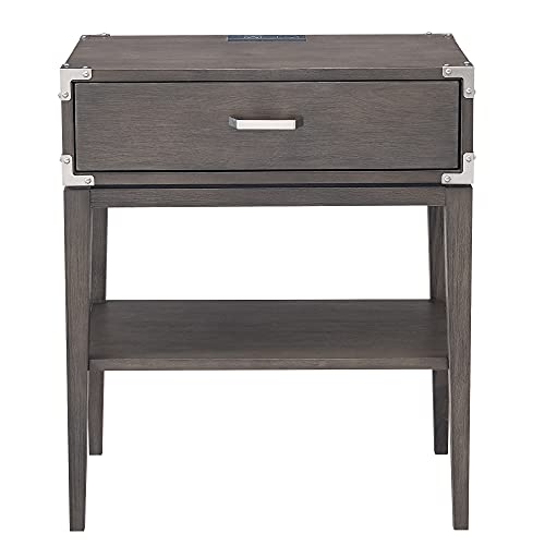 Image of Leick Home 24022 Beckett Nightstand Side Table One Drawer Rustic USB-C Fast Charging Station, A /C and USB Charging Port Integrated Durable Solid Wood Living Room, Bedroom, Office, Anthracite /Pewter