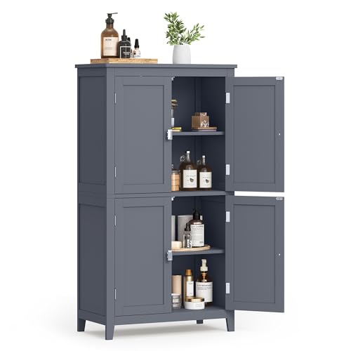 VASAGLE Floor Storage Cabinet, Freestanding Storage Unit with 4 Doors, Adjustable Shelves, 11.8 x 23.6 x 43.3 Inches, for Entryway, Bathroom, Slate Gr