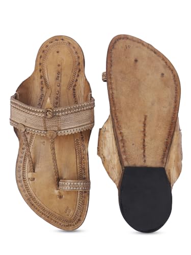 Image of KORAKARI Mens Handmade Kolhapuri Chappal Smooth and Comfortable, Stylish Durable Anti Slip Design Flip Flops Slippers Genuine Leather Traditional Indian Footwear.