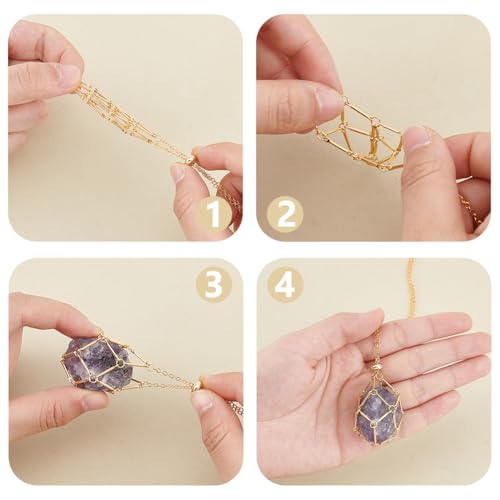UNICRAFTALE 3Pcs 2-5.4cm 18K Gold Plated Adjustable Crystal Necklace Holder Empty Stone Holder Nets Necklace Pendant with Empty Crystal Cage Macrame Pouch for Pendant Necklaces Making - Image 3